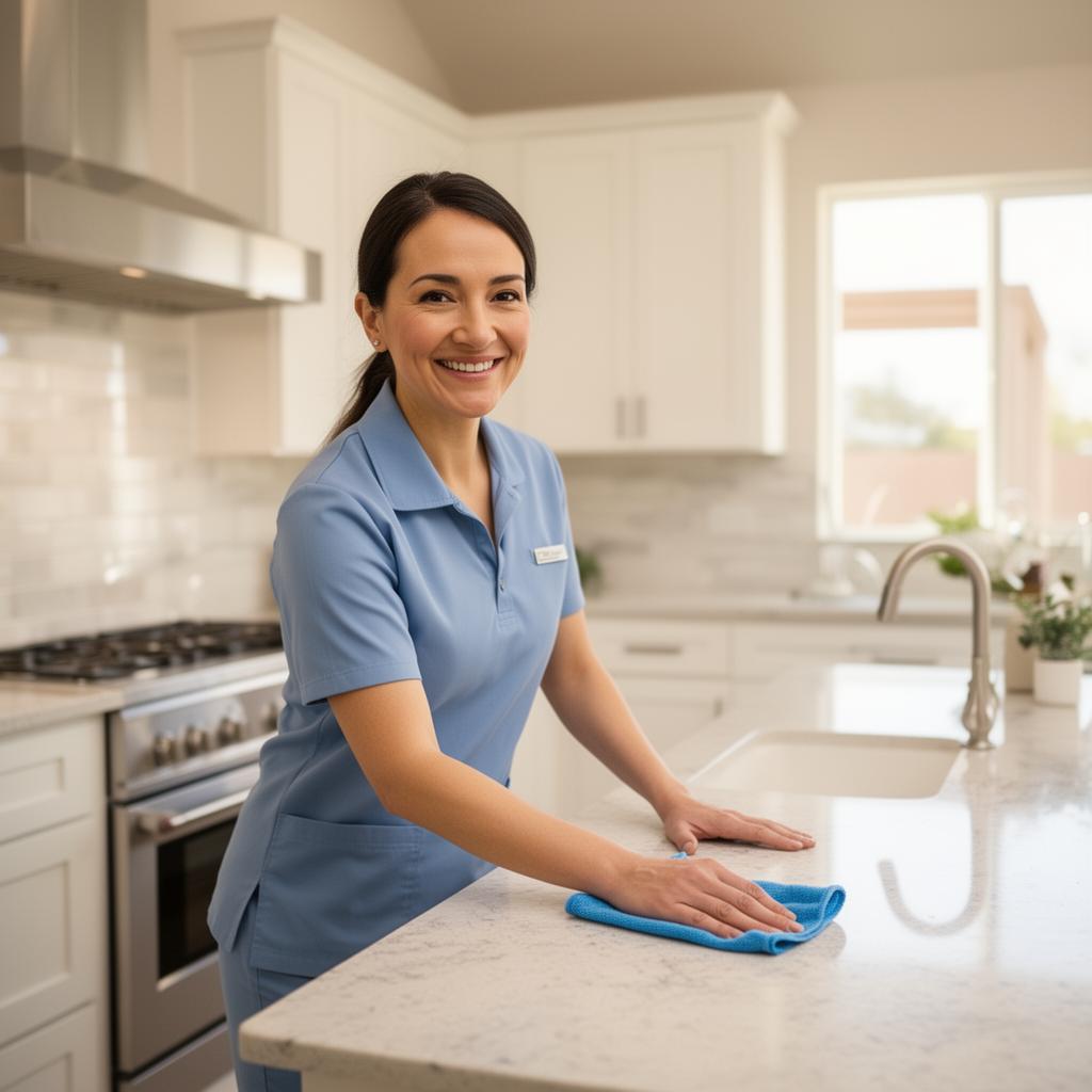 Friendly professional cleaner working in a clean kitchen